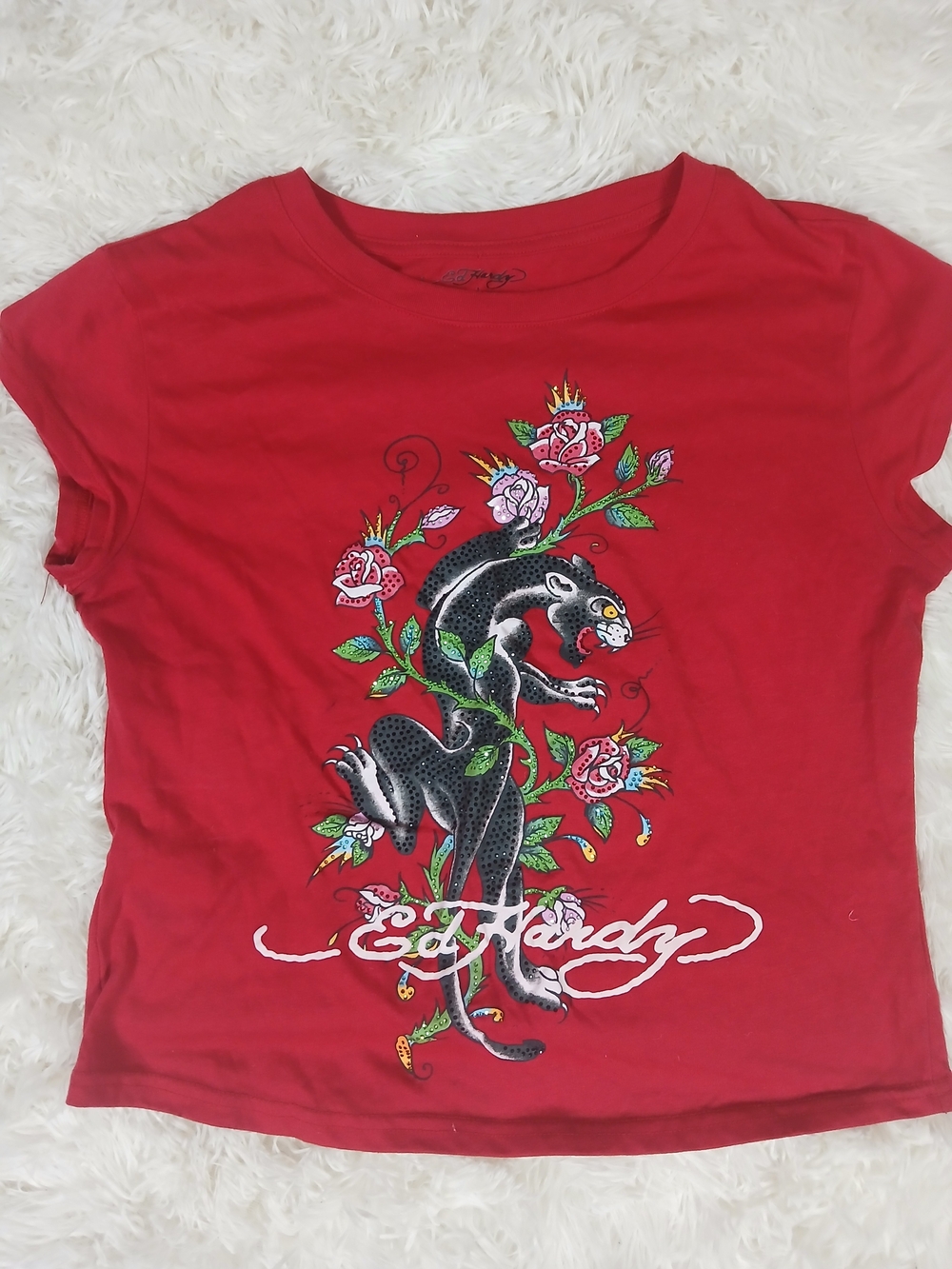 Ed Hardy Red Short Sleeve Graphic Tee with Panther & Roses